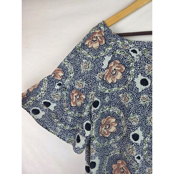 Loft Outlet Top Women's Size XL Blue Floral Bow Short Ruffle Sleeve Blouse Shirt - Picture 7 of 14